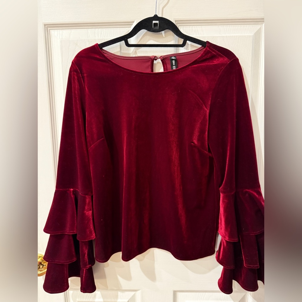 Design Lab/Lord & Taylor Red Velvet Blouse with Ruffled Bell Sleeves